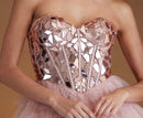 Fauna Strapless Sweetheart Neck Mirror Applique Corset Bodice Tiered Glitter Tulle Mini Dress