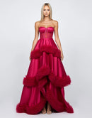 Bryn Strapless Sweetheart Neck Corset Satin Tiered Ruffle HiLow Gown