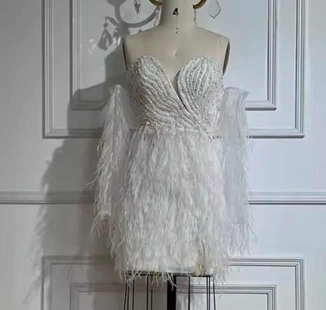 Martine Beaded Off Shoulder Feather Embellished Mini Dress