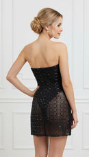 Krishna Black Strapless Jewel  Embellished See Through Mesh Mini Dress with Attached Bodysuit