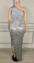 Vien One Shoulder Crystal Embellished Full Fringe Maxi Dress