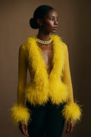 Cassie Sheer Long Sleeve Cardigan with Feather Collar and Sleeve Trim