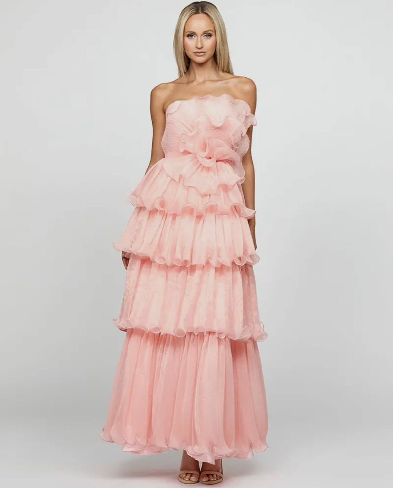 Ava Strapless Rosette Design Pleated Bodice Tiered Organza Maxi Dress