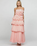 Ava Strapless Rosette Design Pleated Bodice Tiered Organza Maxi Dress