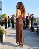 Matissa Mocha Sleeveless Draped Halter Crystal Embellished Razor Back Maxi Dress