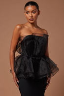 Aviva Black Strapless Organza Bodice and Peplum Bandage Maxi Skirt Dress