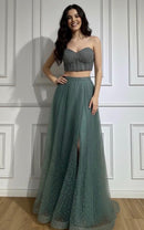 Mila Teal Crystal Bead Embellished Corset Crop Top and ALine Full Skirt Set Gown