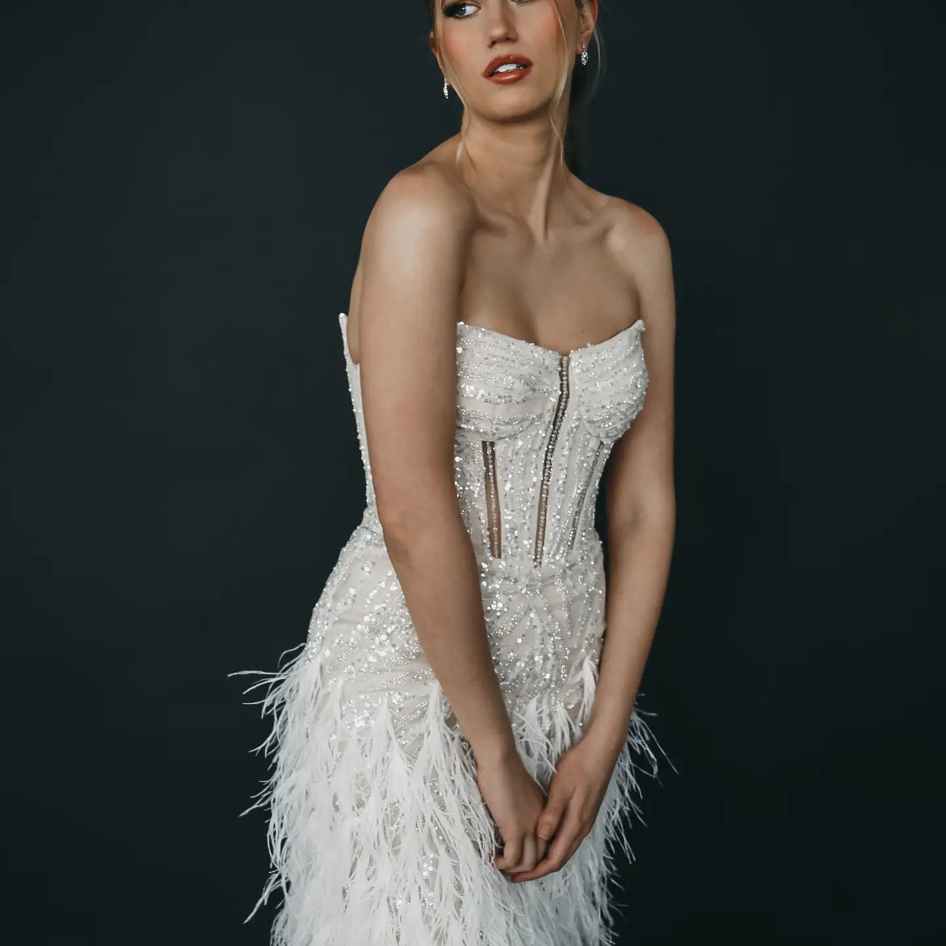 Lindsay Strapless Beaded Corset and Feather Embellished Mini Dress