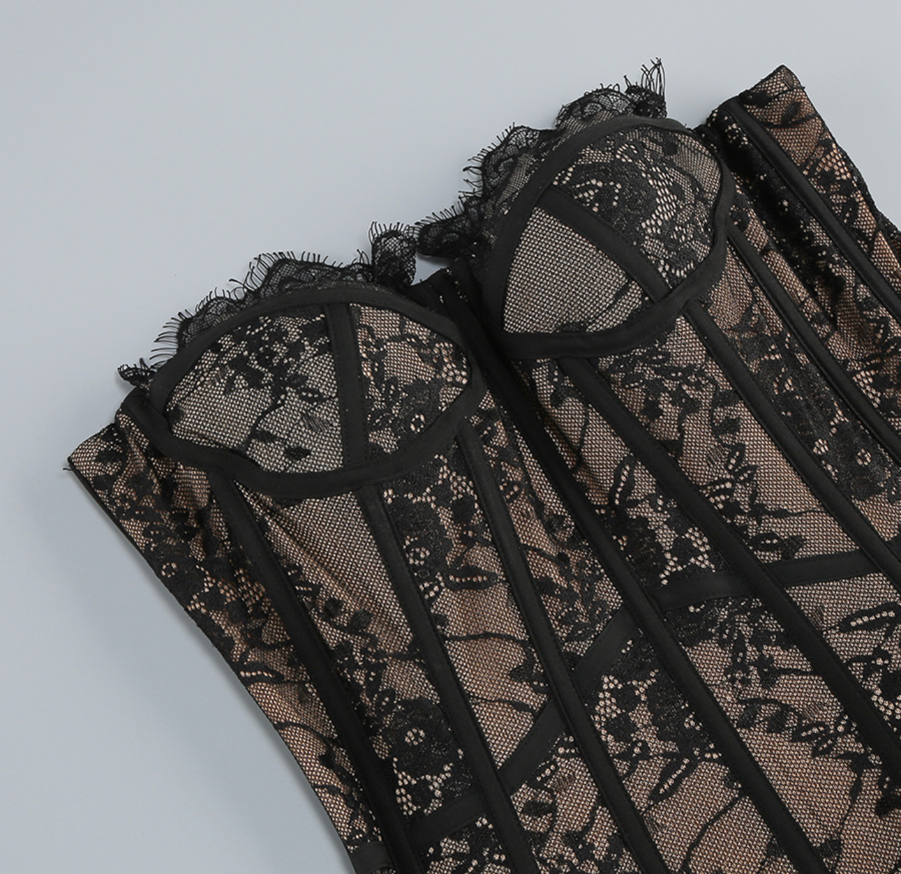 Miley Strapless Sweetheart Neck Black Lace Nude Lining Mini Dress