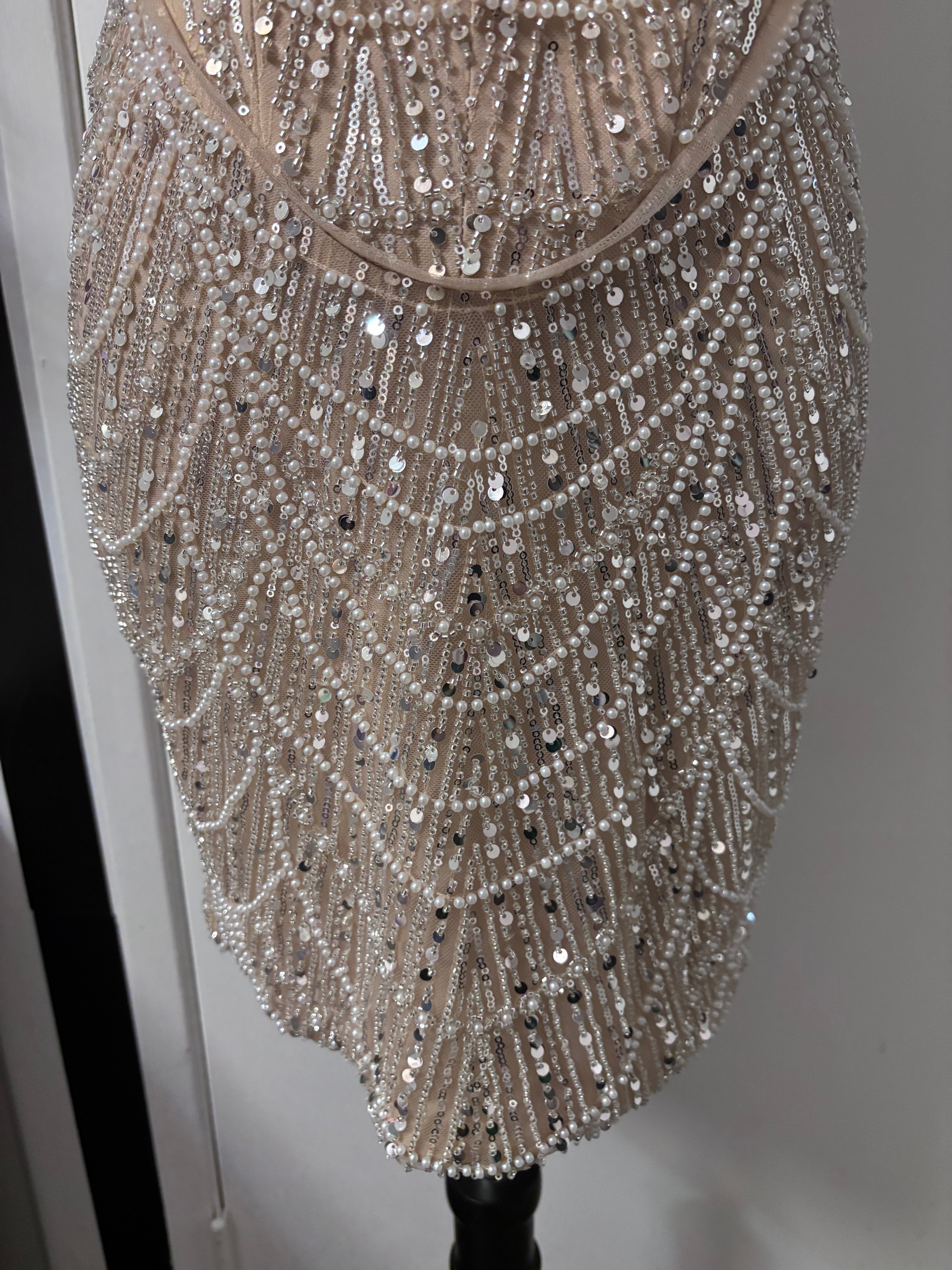 Shia Strapless Pearl Beaded Mini Dress with Detachable Sleeves