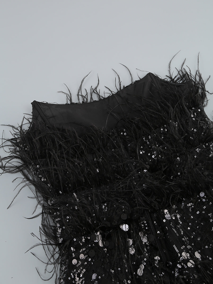 Paloma Black Strapless Sequin Feather Midi Dress