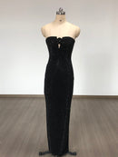 Marsella Black Strapless Crystal Embellished Rose Appliqué Maxi Dress