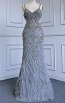 Naomi Sleeveless Silver Bead Feather Embellished Side Mesh Cutout Gown