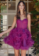 Nya Strapless Pointed Corset Ruffled Tulle Mini Dress