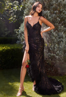 Ailyn Black Lace High Ruffle Slit Maxi Gown