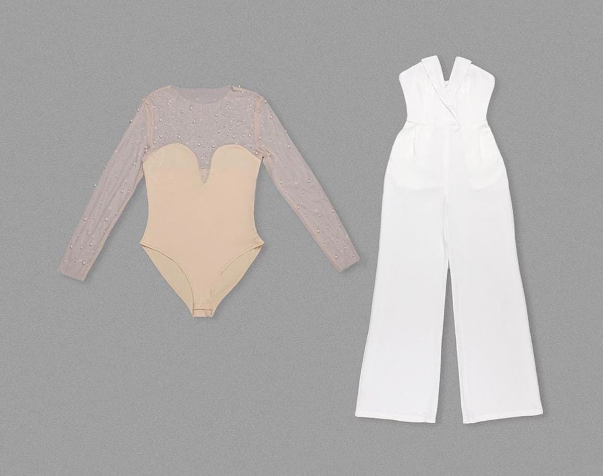 Jordana White Strapless VNeck Jumpsuit with Sheer Pearl Embellished Bodysuit