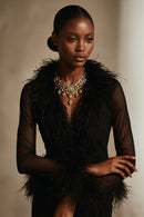 Cassie Sheer Long Sleeve Cardigan with Feather Collar and Sleeve Trim