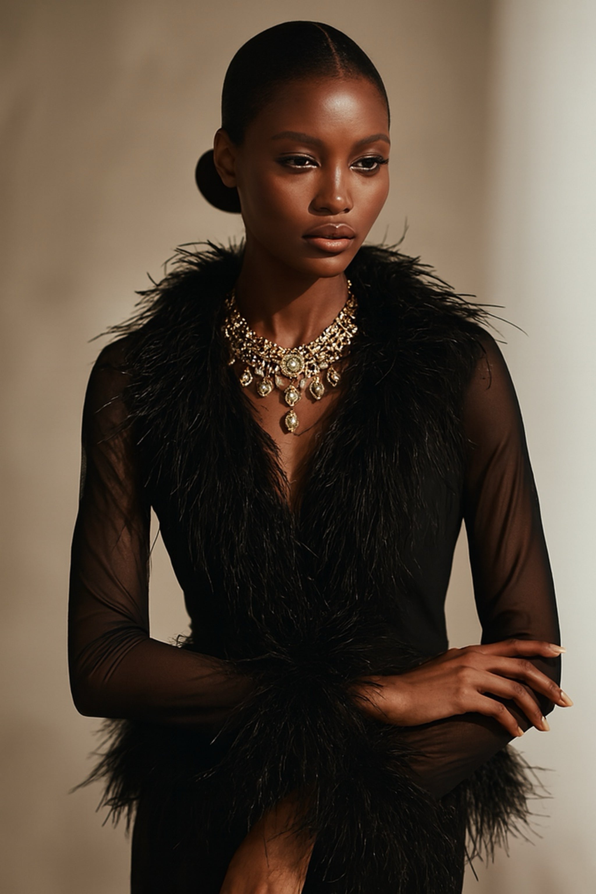 Cassie Sheer Long Sleeve Cardigan with Feather Collar and Sleeve Trim