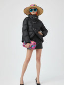 Aleda Statemenrt Black Buckle Scoop Front Cropped Puffer Coat