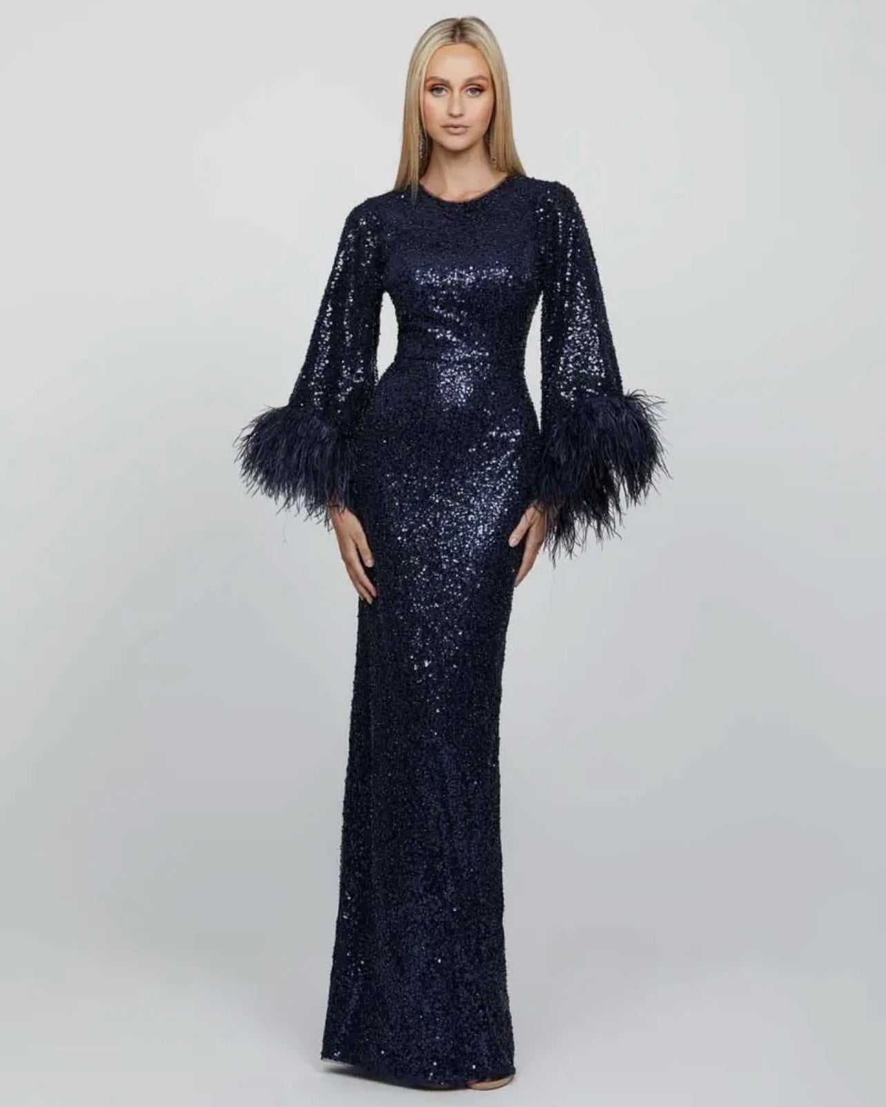 Janina Navy Sequin Long Sleeve Maxi Dress with Feather Trim