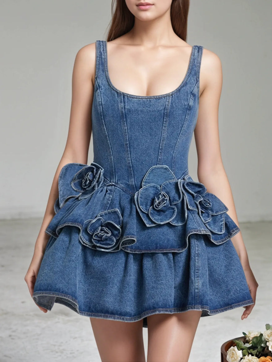 Silva Ruffled Layered Scoop Neck Denim Dress
