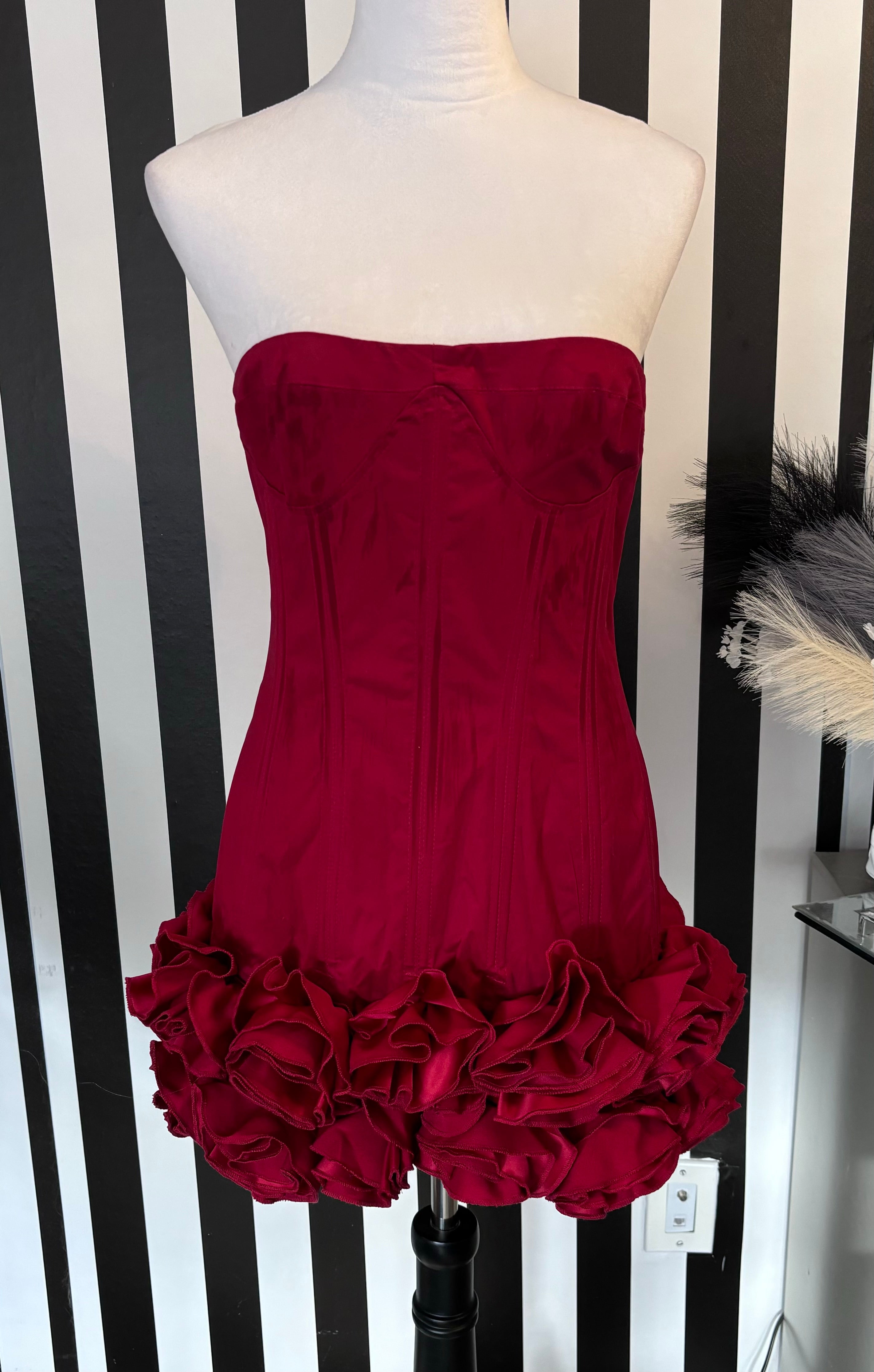 Nisa Red Strapless Sweetheart Neck Corset with Back Tie Ruffle Mini Dress