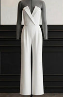 Jordana White Strapless VNeck Jumpsuit with Sheer Pearl Embellished Bodysuit