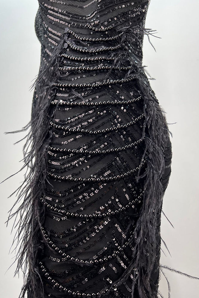 Marishka Black Strapless Sequin Bead and Feather Embellished Mini Dress