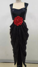 Galia Rose Detail Black Side Cut Out Sequin Draped Front Slit Maxi Dress