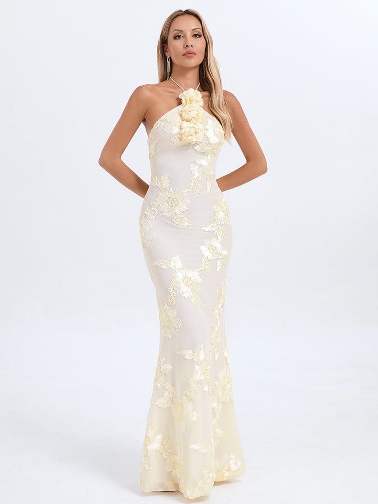 Alana Halter 3D Floral Appliqué Maxi Dress