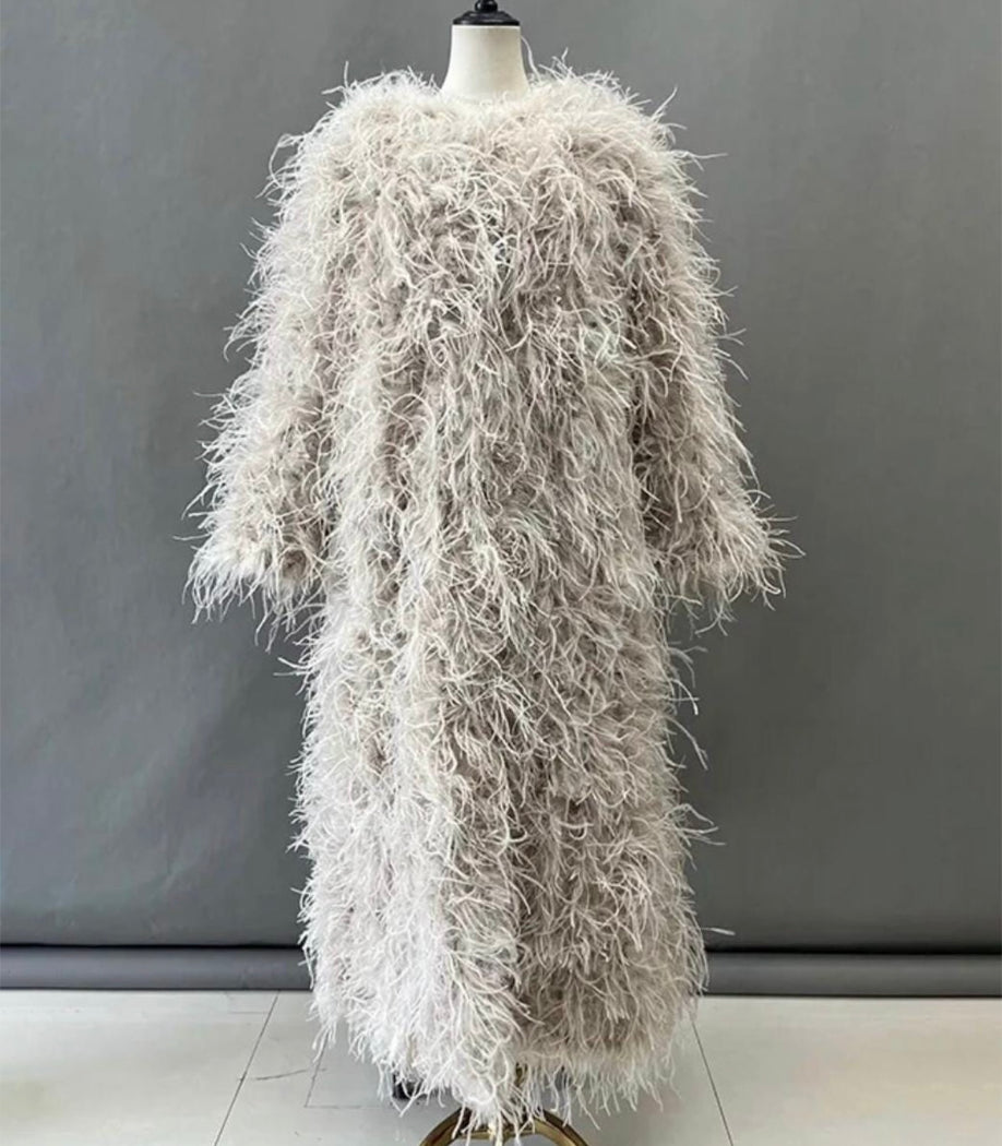 Dira Long Fluffy Feather Coat