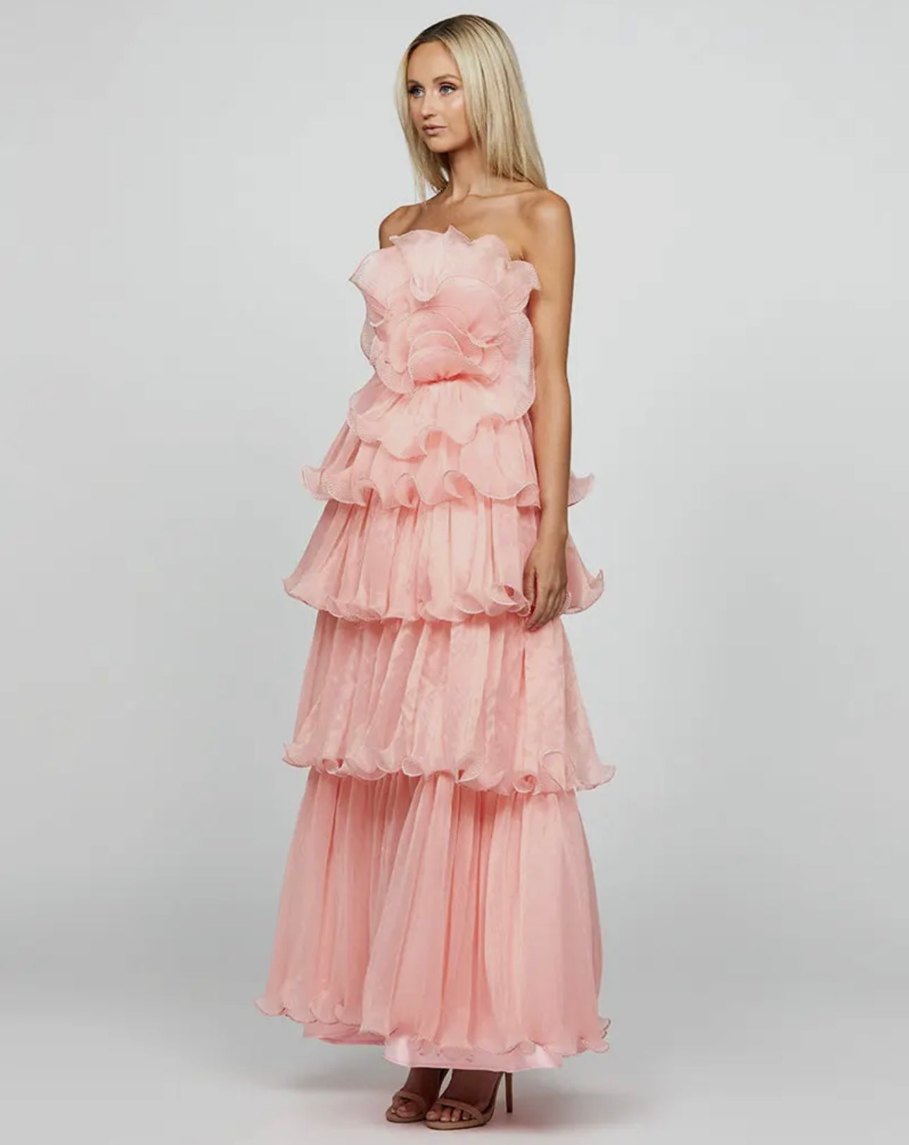 Ava Strapless Rosette Design Pleated Bodice Tiered Organza Maxi Dress