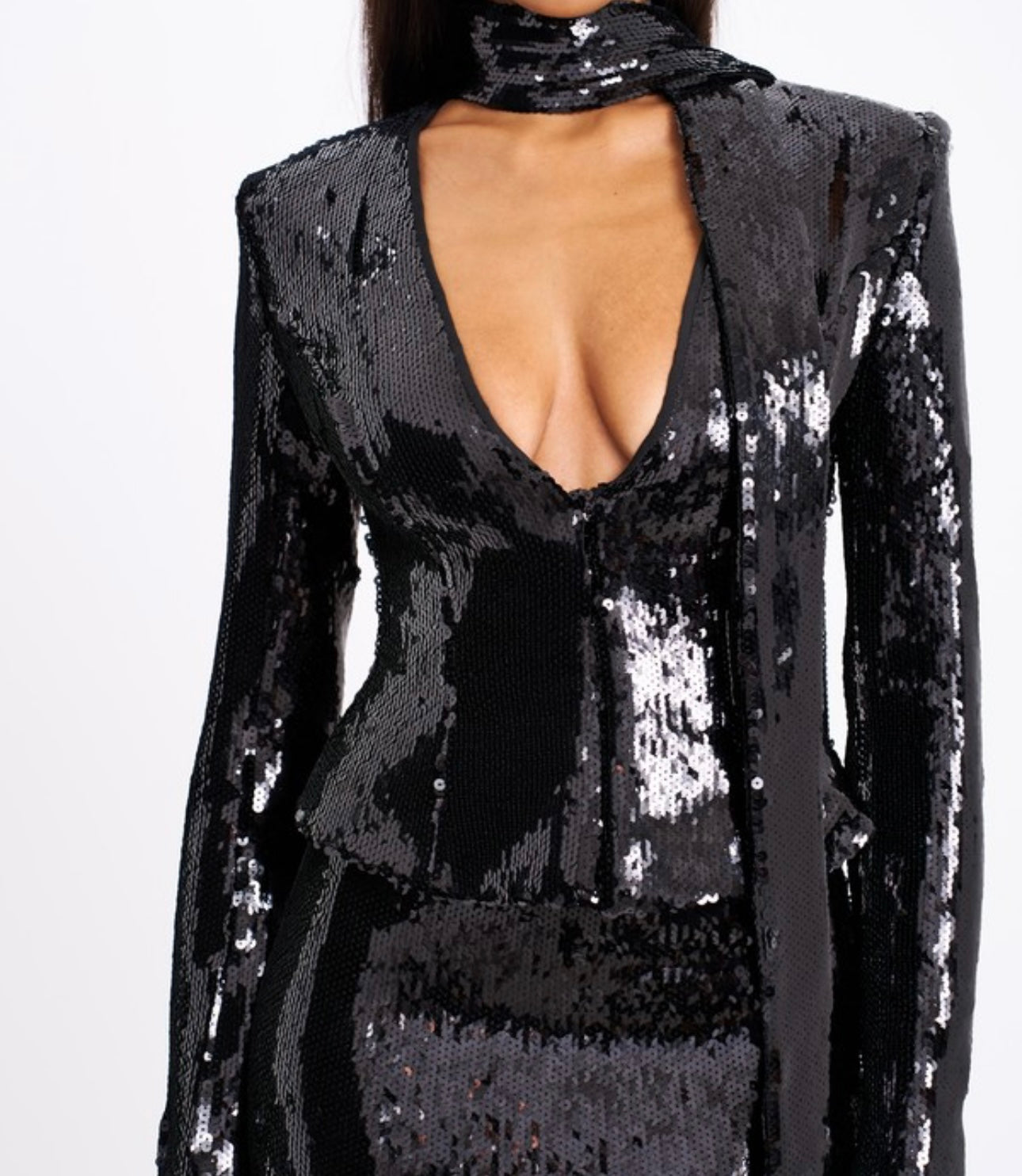 Saffron Black Sequin Deep V Top with Scarf and Mini Skirt Set