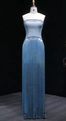 Marjan Blue Crystal Bead Embellished Corset Long Fringe Gown