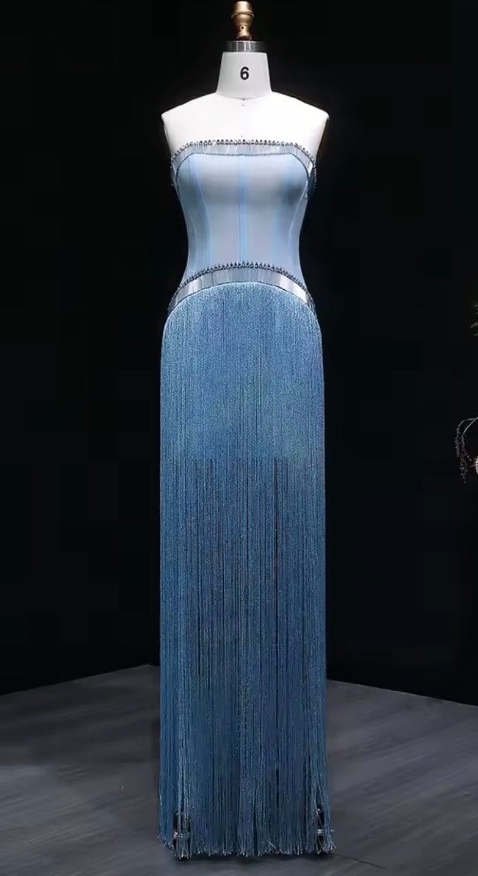 Marjan Blue Crystal Bead Embellished Corset Long Fringe Gown