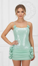 Mora Mint Sequin Rosette Detail Lace Back Ruched Mini Dress