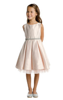 Asai Girls Pleated Satin Peekaboo Tulle Knee Length Dress with Jewel Belt