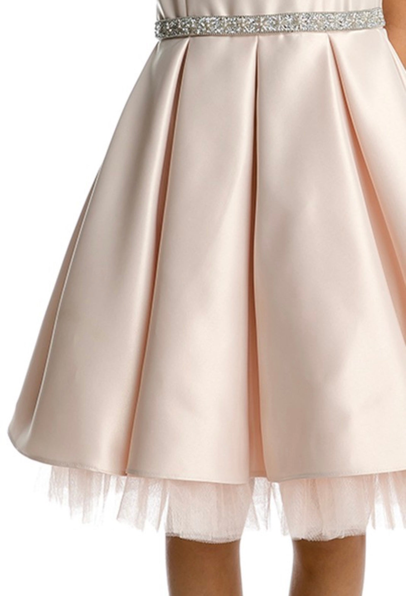 Asai Girls Pleated Satin Peekaboo Tulle Knee Length Dress with Jewel Belt