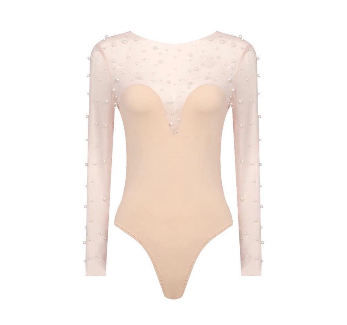 Jordana White Strapless VNeck Jumpsuit with Sheer Pearl Embellished Bodysuit