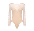 Jordana White Strapless VNeck Jumpsuit with Sheer Pearl Embellished Bodysuit