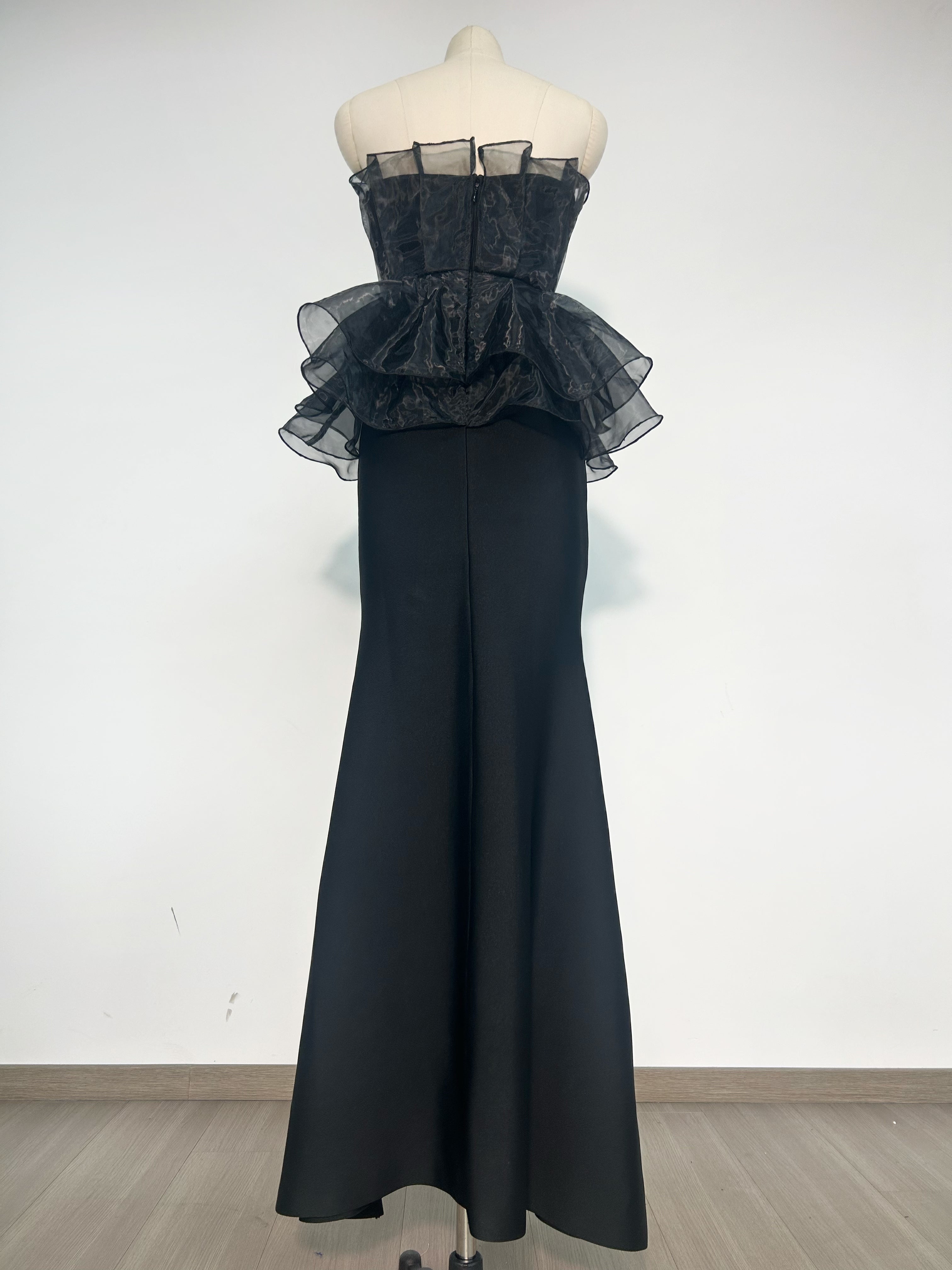 Aviva Black Strapless Organza Bodice and Peplum Bandage Maxi Skirt Dress