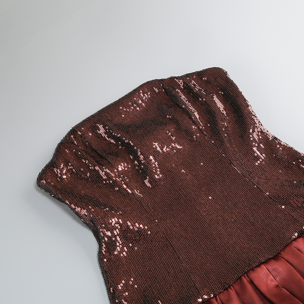 Marley Burgundy Brown Strapless Sequin Bodice Satin Ruffle Skirt Mini Dress