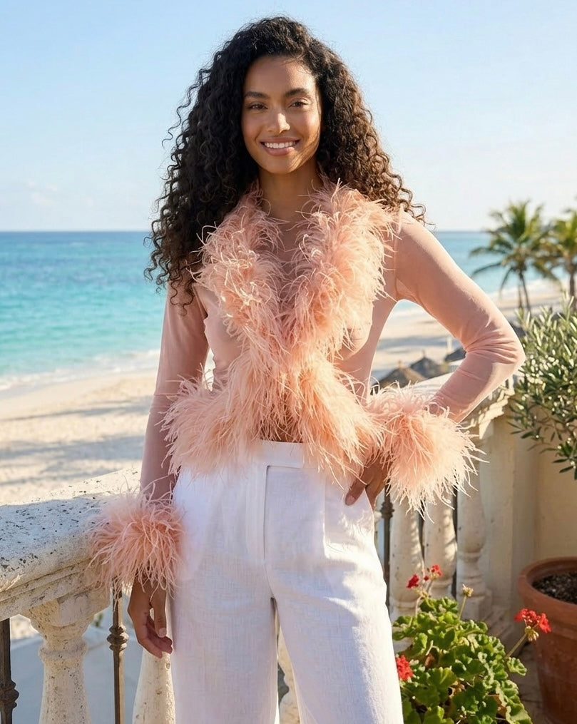 Cassie Sheer Long Sleeve Cardigan with Feather Collar and Sleeve Trim