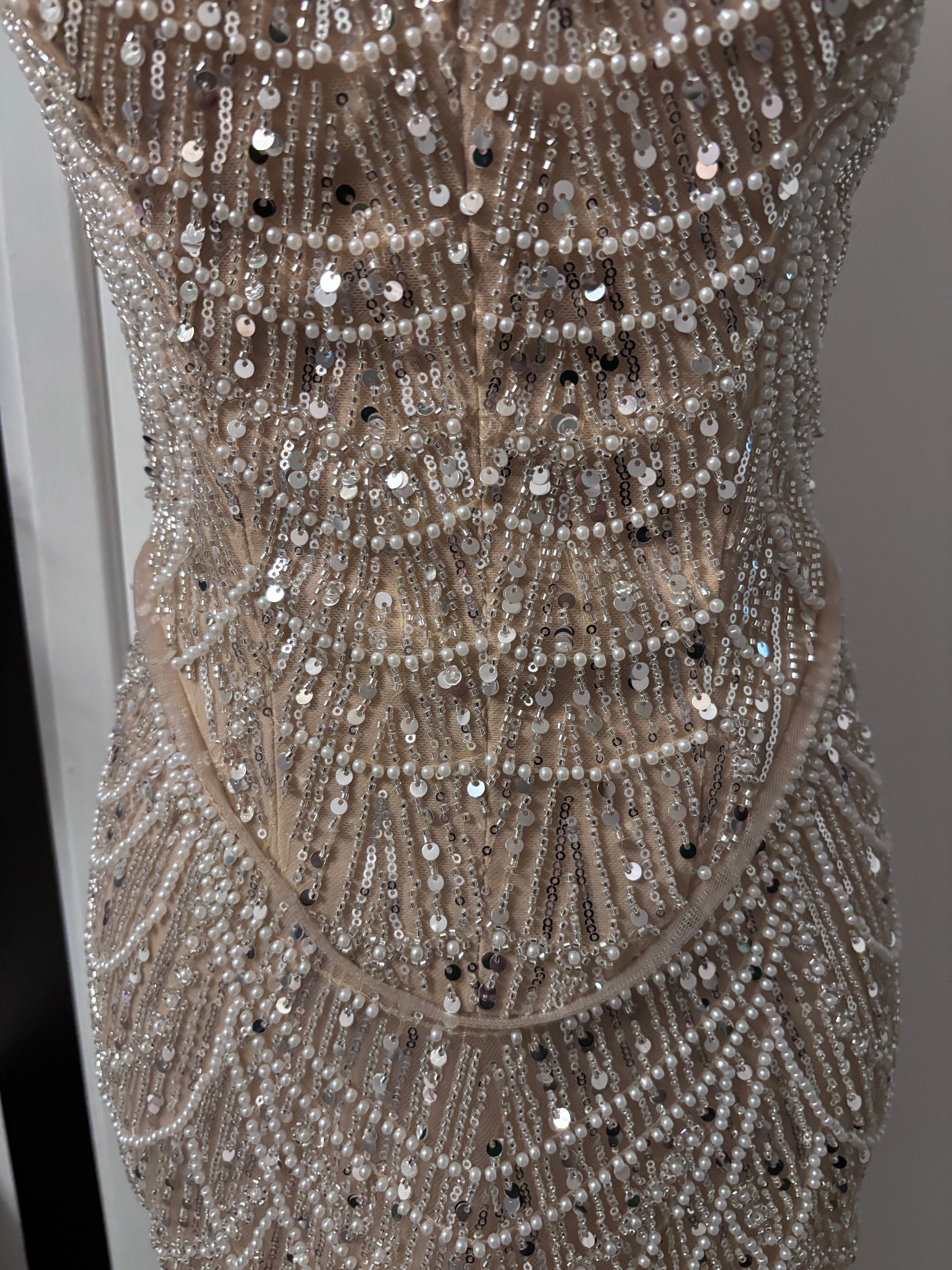 Shia Strapless Pearl Beaded Mini Dress with Detachable Sleeves