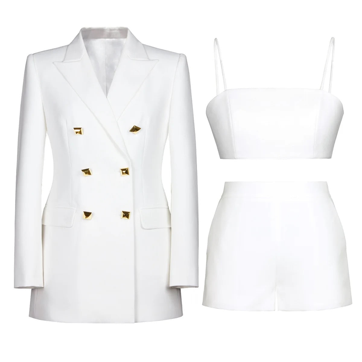 Jade Blazer, Bralette and Shorts Set with Gold Button Details