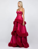 Bryn Strapless Sweetheart Neck Corset Satin Tiered Ruffle HiLow Gown