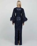 Janina Navy Sequin Long Sleeve Maxi Dress with Feather Trim