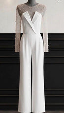 Jordana White Strapless VNeck Jumpsuit with Sheer Pearl Embellished Bodysuit
