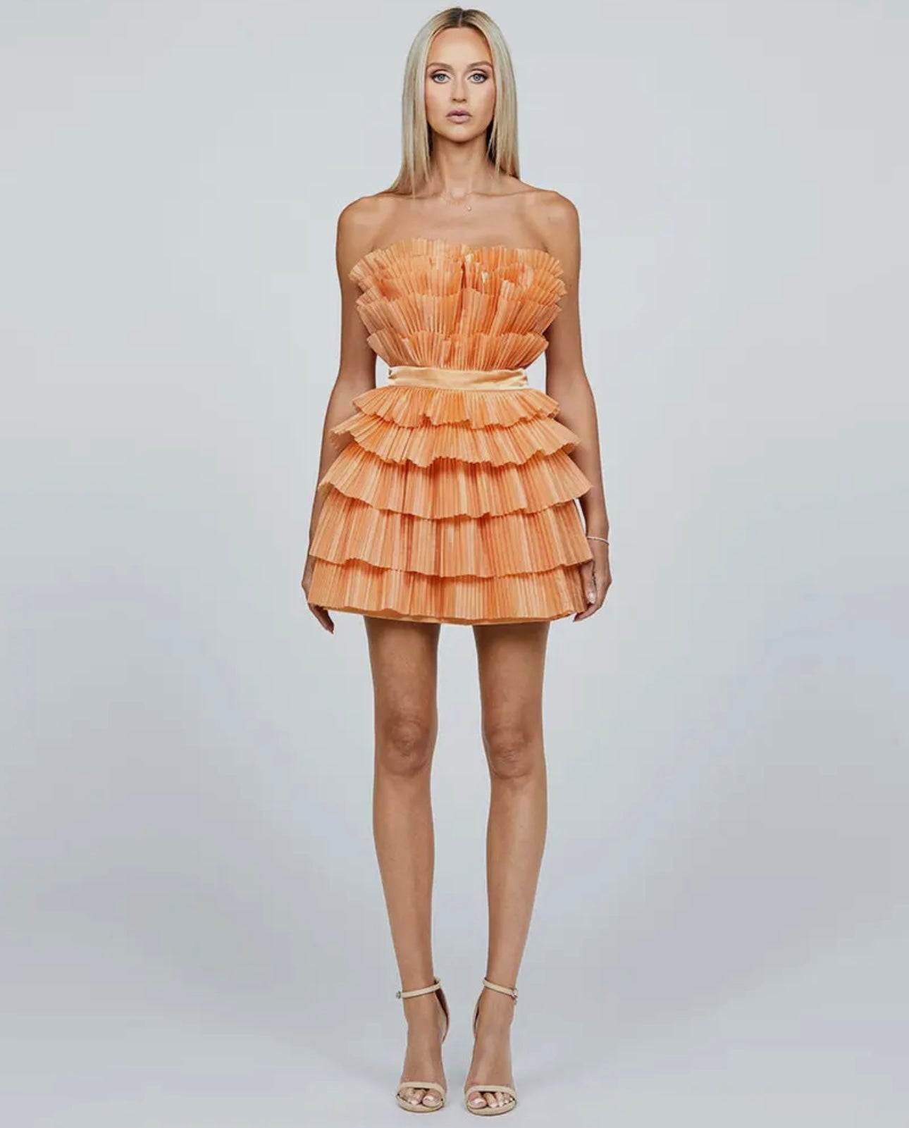 Mara Apricot Strapless Pleated Tiered Ruffle Mini Dress