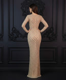 Sarala Nude Long Sleeve Rhinestone Embellished Maxi Gown